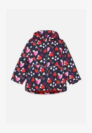 Navy hooded jacket featuring a pattern of colorful hearts in pink, red, and cream. Includes a front zipper and two pockets.