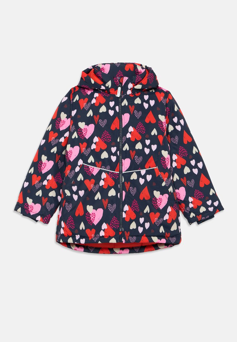 Veste à capuche navy avec un motif de cœurs colorés en rose, rouge et crème. Comprend une fermeture éclair sur le devant et deux poches.