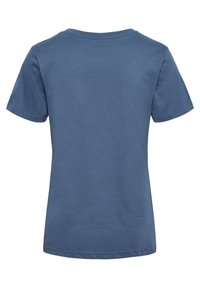 Modré bavlněné tričko s kulatým výstřihem, krátkými rukávy, s jednoduchým zadním designem, hladkou texturou a nezdobenými okraji.