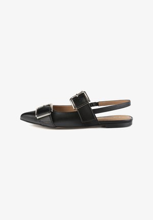 Must musta slingback kingad terava ninaga, millel on kaks suurt metallist hebet ja lame tall. Struktuurne ülemine osa sujuvate aktsentidega.