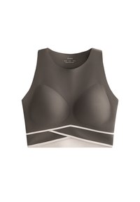 Dark grey wireless bra with soft molded cups, wide straps, and white accent bands crossing the front. Smooth texture; minimalist design.