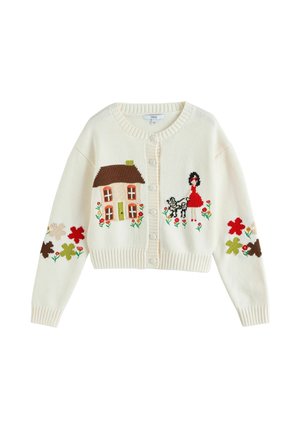 Cremefarbener Strickcardigan mit Knopfleiste, mit einem Haus, einem Mädchen mit Hund und mehrfarbigen Blumenmustern auf den Ärmeln.