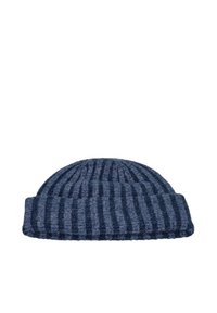 Navy blue knit beanie with ribbed texture and folded brim, isolated on white background.