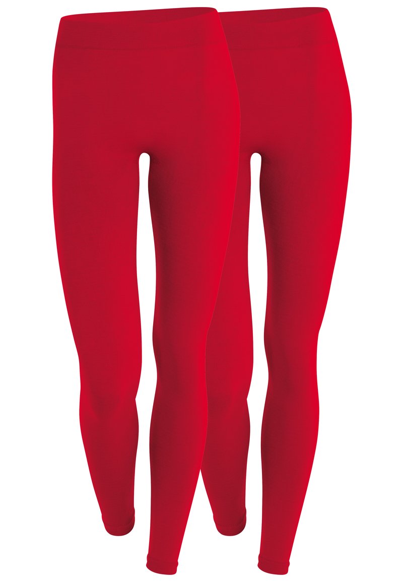 Leggings rouges en tissu extensible, présentant un design lisse et ajusté avec une taille haute et sans coutures visibles.