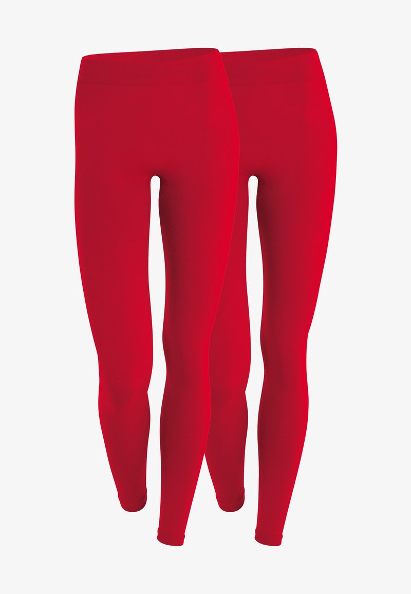 Leggings rouges en tissu extensible, présentant un design lisse et ajusté avec une taille haute et sans coutures visibles.