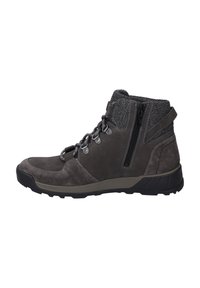 Botas de senderismo marrones con parte superior de ante, acentos de malla, cremallera lateral y suela de goma duradera. Diseñadas para uso al aire libre con una forma robusta.