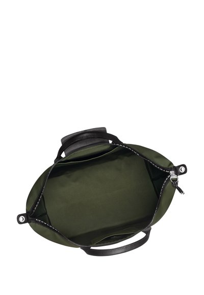Green fabric tote bag with black leather accents, oval shape, open top, and a smooth interior. Includes sturdy handles and zippered closure.