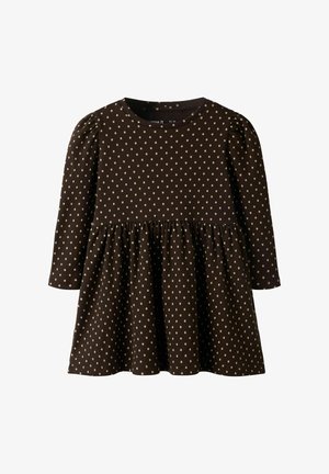 Smeđa haljina s bijelim točkicama, dugih rukava, okruglog izreza i naboranim donjim dijelom. Izrađena od tkanine teksture sa mekanim završnim slojem.