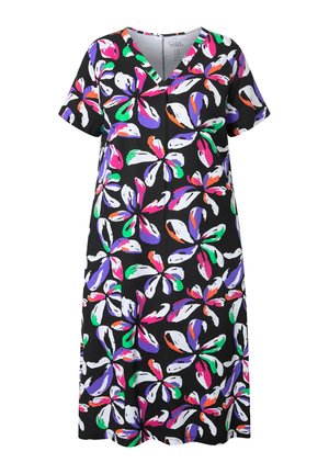 Schwarzes Kurzarmkleid mit V-Ausschnitt und großem abstraktem Blumenmuster in den Farben Weiß, Pink, Grün, Lila und Orange.