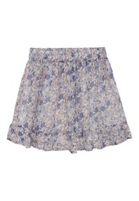 Blomsterprint nederdel lavet af let stof; har lilla og lyserøde blomster på en hvid baggrund, med en volangkant og elastisk talje.