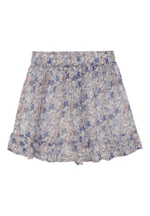Blommig mönstrad kjol gjord av lättviktsmaterial; har lila och rosa blommor på en vit bakgrund, med volangkant och elastisk midja.