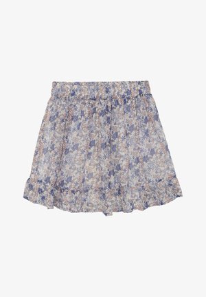 Blommig mönstrad kjol gjord av lättviktsmaterial; har lila och rosa blommor på en vit bakgrund, med volangkant och elastisk midja.