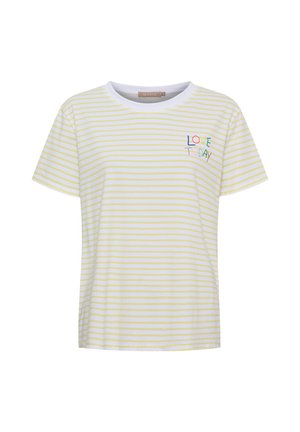 Hvid og lysegul T-shirt med korte ærmer og flerfarvet tekst "LOVE TODAY" på venstre bryst.
