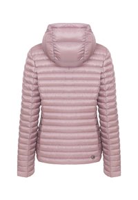 Padded jacket in light pink with horizontal quilting, a detachable hood, and a small logo on the bottom right side. Smooth, shiny texture.
