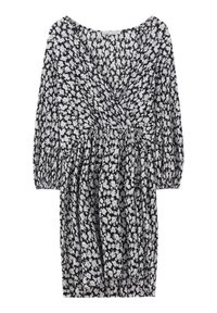 Robe à motifs floraux noir et blanc avec un décolleté en V, de longues manches bouffantes, une taille élastique et une jupe froncée. Tissu léger et texturé.