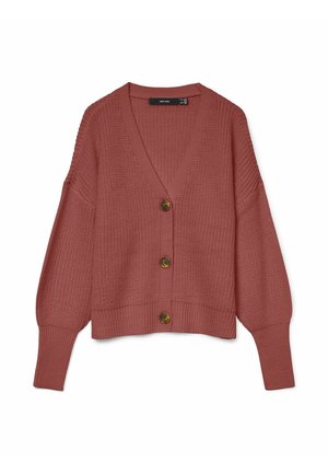 Gebreide cardigan in roestkleur met een V-hals, lange pofmouwen en vier bruine, ronde knopen aan de voorkant. Gestructureerde stof.