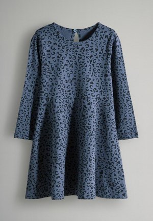 Leopardenmusterkleid in Marineblau mit langen Ärmeln, Rundhalsausschnitt und Knopfrückenverschluss; weicher Stoff mit Ausstellungsrockdetails.