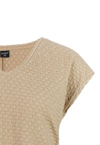 Beige gestructureerd kortarmig shirt met een V-hals en een "protest" merklabel bij de halslijn, maat S36.