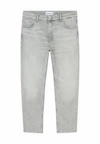 Jeans de mezclilla gris claros con corte recto, que cuentan con cinco bolsillos, cierre de botón y un desvanecimiento mínimo. La etiqueta en la cintura dice "Calvin Klein Jeans."