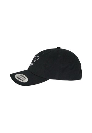 Black adjustable cap with a curved brim, made of textured fabric, featuring a white logo design on the front and a circular label on the brim.
