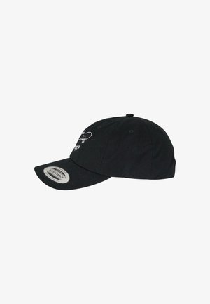Black adjustable cap with a curved brim, made of textured fabric, featuring a white logo design on the front and a circular label on the brim.