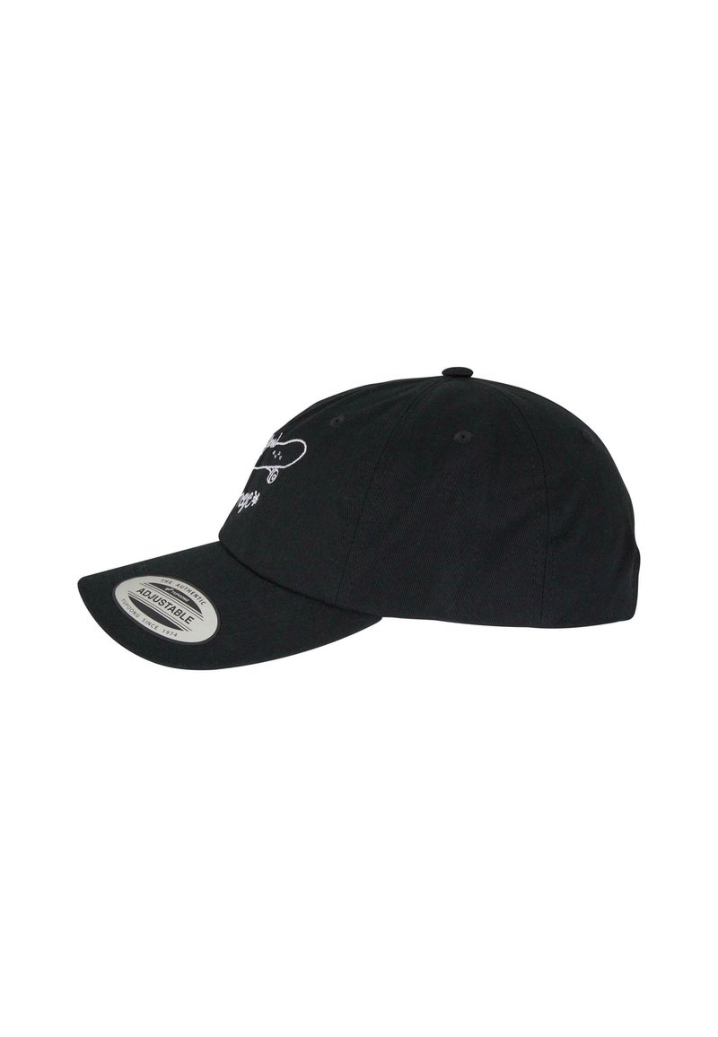 Black adjustable cap with a curved brim, made of textured fabric, featuring a white logo design on the front and a circular label on the brim.