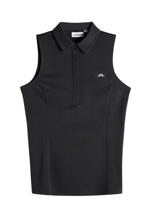Polo nera senza maniche con colletto e piccolo logo bianco sul petto a sinistra, design di J.Lindeberg.