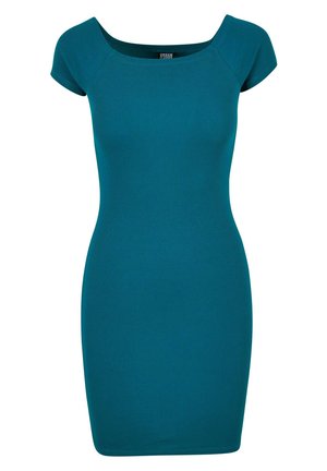 Mėlynos žalios spalvos surišta suknelė su trumpomis rankovėmis ir kvadratiniu iškirpimu. Prigludusi siluetas, iki kelių ilgio ir lygus audinys be dekoracijų.