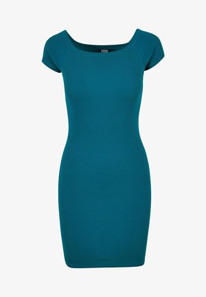 Robe teal à côtes avec des manches courtes et un décolleté carré. Silhouette ajustée, longueur genoux et texture lisse sans embellissements.