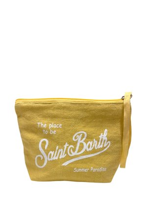 Sacchetto di tessuto giallo con testo bianco "The place to be Saint Barth Summer Paradise" e cerniera con cinturino da polso sul lato destro.