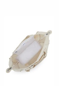 Beige handtas met een ritssluiting en twee handvatten, met een ruime binnenkant, een doorzichtige zak en een gladde stofvoering.