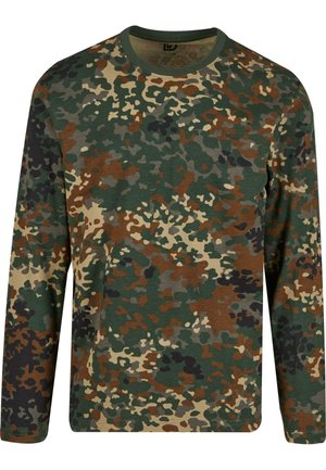 T-shirt à manches longues en camouflage vert, marron et beige avec un col rond. Présente un motif mélangé de taches et de textures irrégulières.