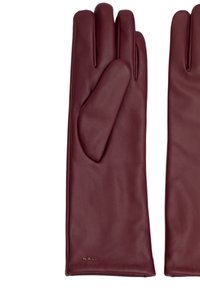 Burgundy läderhandskar med en slät yta, femfingerdesign och en subtil gul logotypdetalj vid handleden.