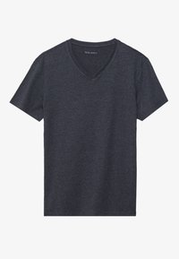 Mørkegrå kortærmet V-hals t-shirt lavet af blødt, tekstureret bomuldsblanding. Har en klassisk snit med en standard pasform og ingen ekstra udsmykninger.