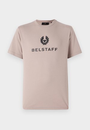 Light pink cotton t-shirt featuring a crew neck, short sleeves, and a black printed logo with text "BELSTAFF" on the front.
