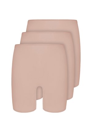 Drei Paar beige nahtlose Damen-Unterwäsche-Shorts mit hoher Taille, gestapelt in versetzter Anordnung auf weißem Hintergrund.