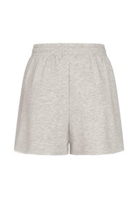 Lys grå strikkede shorts med elastisk talje og rå kant, set forfra, casual stil.
