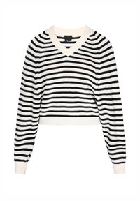 Maglione cropped a righe bianche e nere con scollo a V e maniche lunghe, polsini a costine e un morbido tessuto a maglia testurizzata.