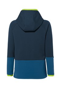 Marineblauer Kapuzenpullover mit grünem Akzent rund um die Kapuze, der im unteren Abschnitt ein einheitliches Blau aufweist und durchgehend eine glatte Textur hat.