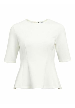 Top peplum bianco con maniche corte, scollo rotondo, texture liscia e dettagli delle cuciture, dotato di zip sul retro.