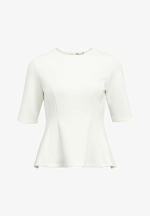 Top peplum bianco con maniche corte, scollo rotondo, texture liscia e dettagli delle cuciture, dotato di zip sul retro.