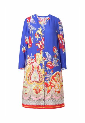 Blauwe jurk met lange mouwen, voorzien van een kleurrijke bloemen- en paisleyprint. Knopenlijst aan de voorkant met een ronde halslijn en zoom. Glad stofoppervlak.
