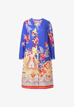Modrá šaty s dlouhým rukávem, zdobené barevným květinovým a paisley vzorem. Zapínání na knoflíky vpředu s kulatým výstřihem a lemem. Hladká textilie.