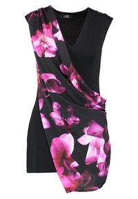 Black top with a v-neck design, featuring purple floral patterns on one side, draping fabric, and short sleeves. Smooth texture.