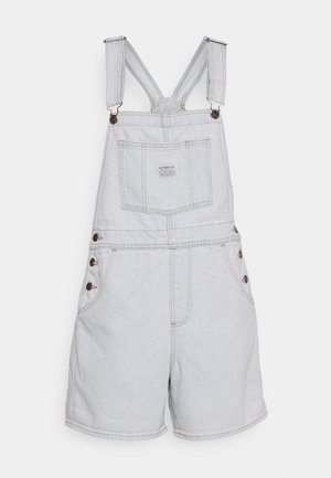 Striped denim overalls in light blue with adjustable straps, front pocket, and metal button accents on the sides, shorts length.