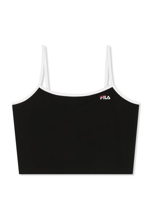 Camisole noire courte avec fines bretelles blanches et bordure blanche, ornée d'un petit logo FILA rouge et blanc sur la poitrine.