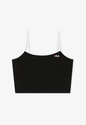 Sort kort camisole med tynde hvide stropper og hvid kant, med lille rød og hvid FILA-logo på brystet.