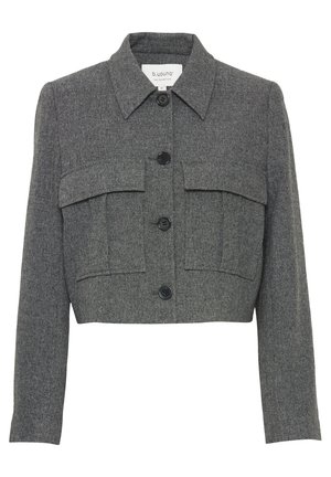 Hallin hall tarnitud jakk, millel on krae, esine nööbid ja kaks rinnataskut. Valmistatud tekstuuriga kangast, millel on õrn muster.