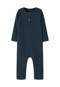Costume intero navy a coste con maniche lunghe, dotato di scollo rotondo e due bottoni in legno sul davanti, con un'apertura inferiore arrotondata.