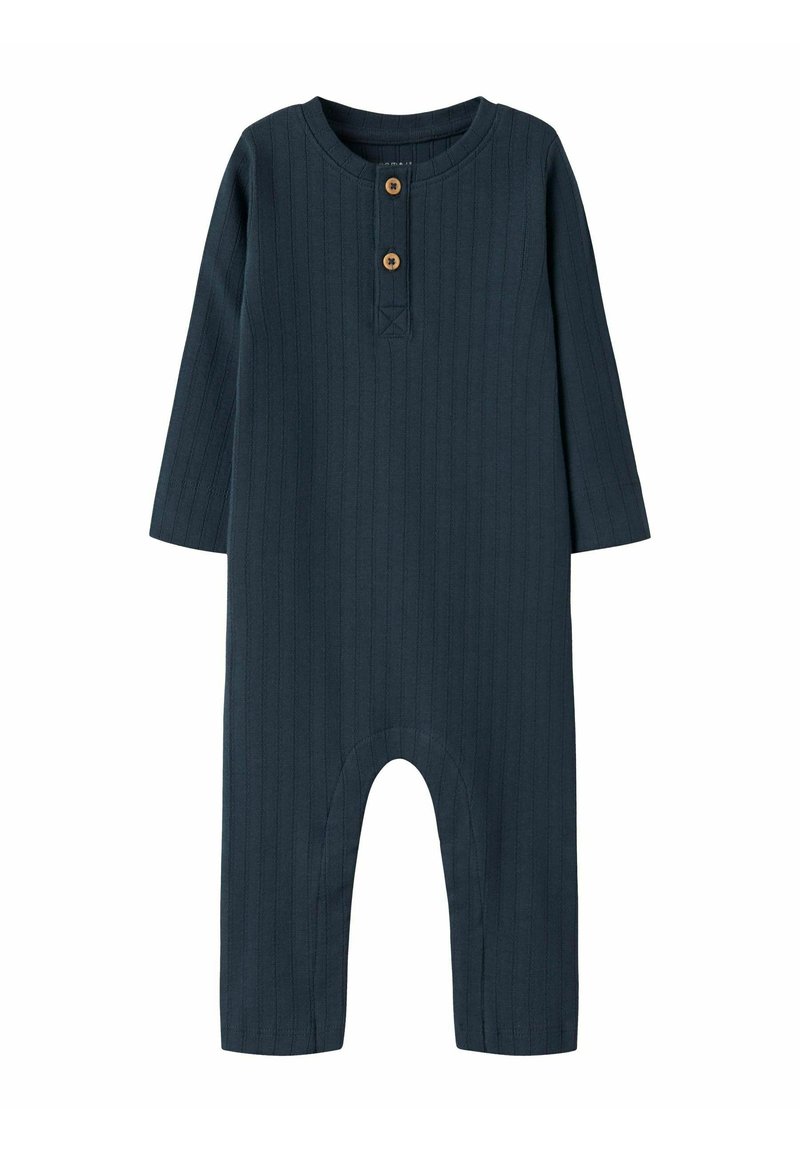 Costume intero navy a coste con maniche lunghe, dotato di scollo rotondo e due bottoni in legno sul davanti, con un'apertura inferiore arrotondata.